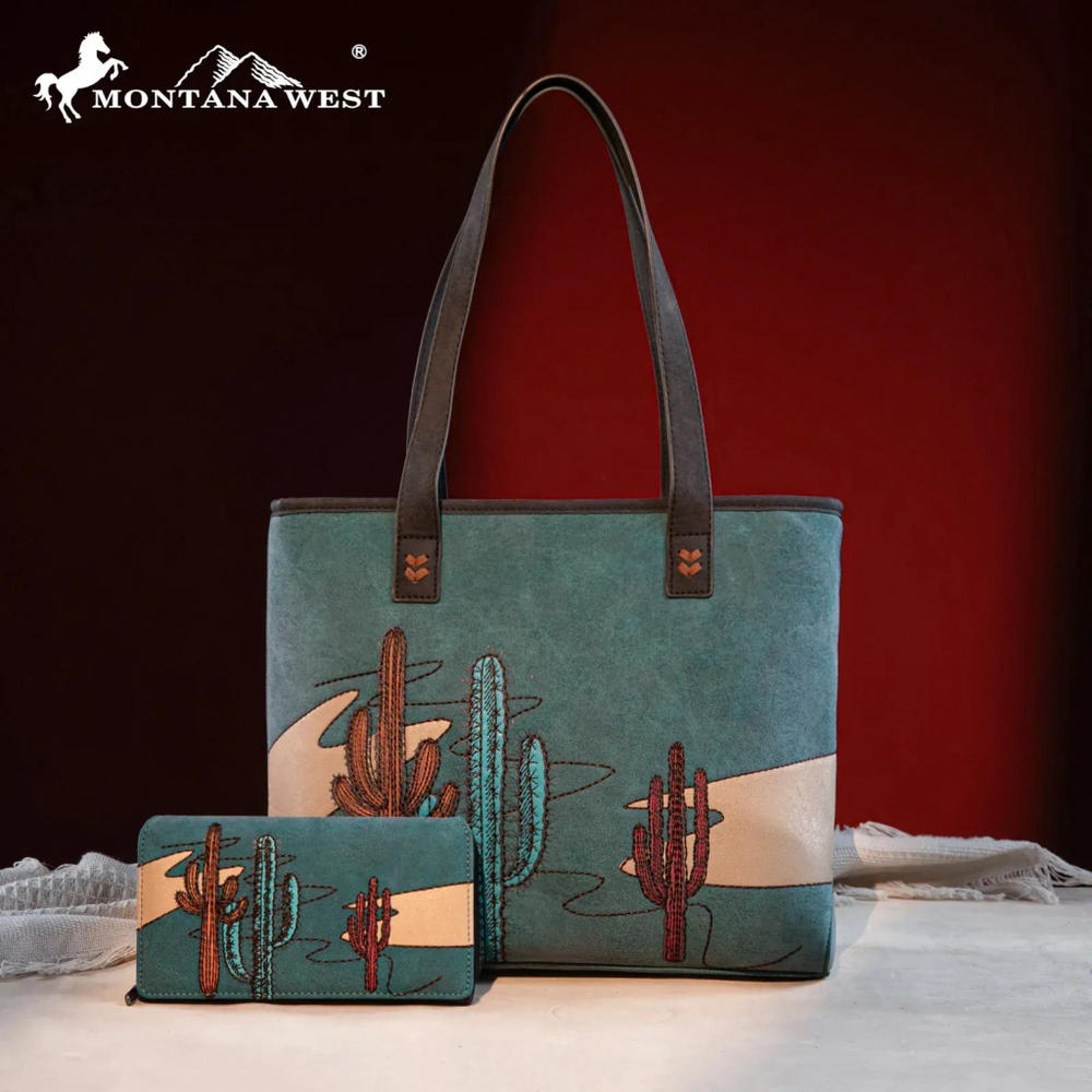 Montana West Embroidered Tote Handbag with Wallet Set Turquoise